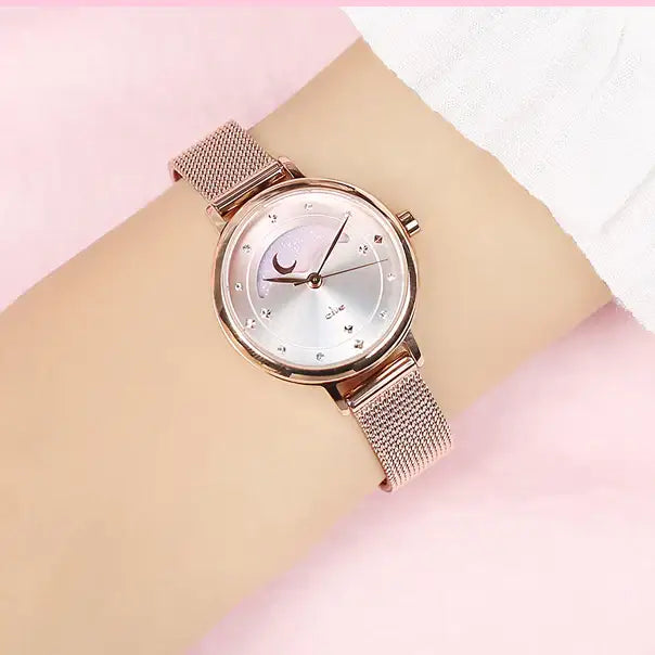 Clue X Esther Bunny - Beautiful Bunny Moon Phase Rose Gold Mesh Watch - CLUE - Accessories - Harumio
