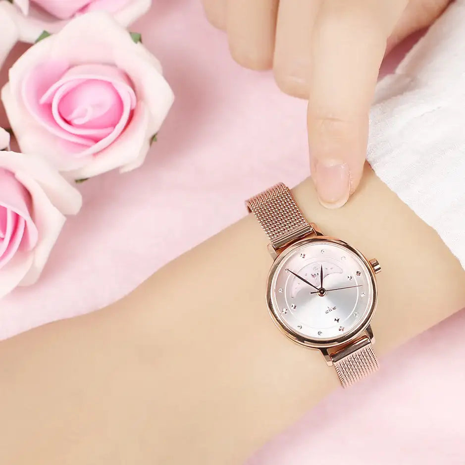 Clue X Esther Bunny - Beautiful Bunny Moon Phase Rose Gold Mesh Watch - CLUE - Accessories - Harumio