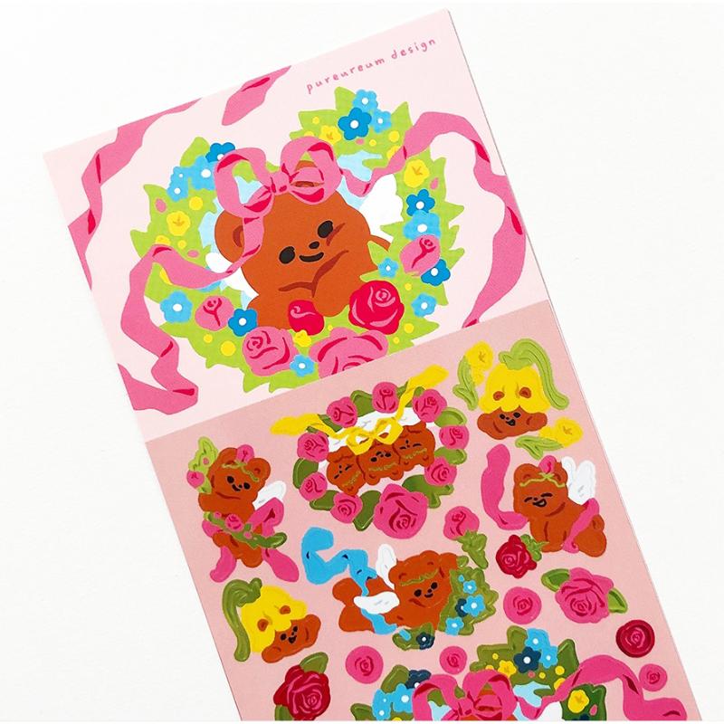 Pureureumdesign x 10x10 - Cupid Bear Flower Glossy Sticker