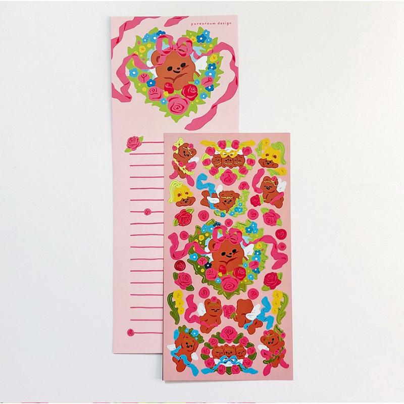 Pureureumdesign x 10x10 - Cupid Bear Flower Glossy Sticker