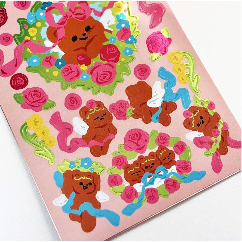 Pureureumdesign x 10x10 - Cupid Bear Flower Glossy Sticker