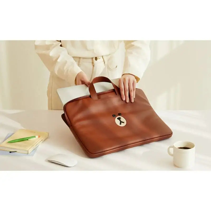 Line Friends - Brown Leather-like Tablet and Laptop Pouch - Line Friends - Pouches - Harumio