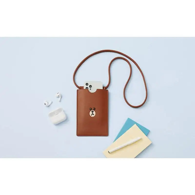 Line Friends - Brown Leather-like Mini Cross Bag - Line Friends - Pouches - Harumio
