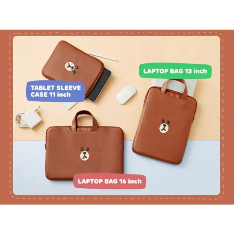 Line Friends - Brown Leather-like Tablet and Laptop Pouch - Line Friends - Pouches - Harumio
