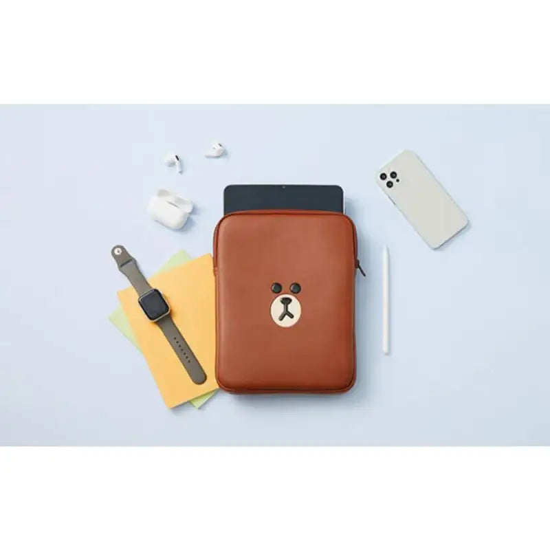 Line Friends - Brown Leather-like Tablet and Laptop Pouch - Line Friends - Pouches - Harumio
