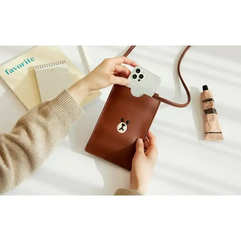 Line Friends - Brown Leather-like Mini Cross Bag - Line Friends - Pouches - Harumio