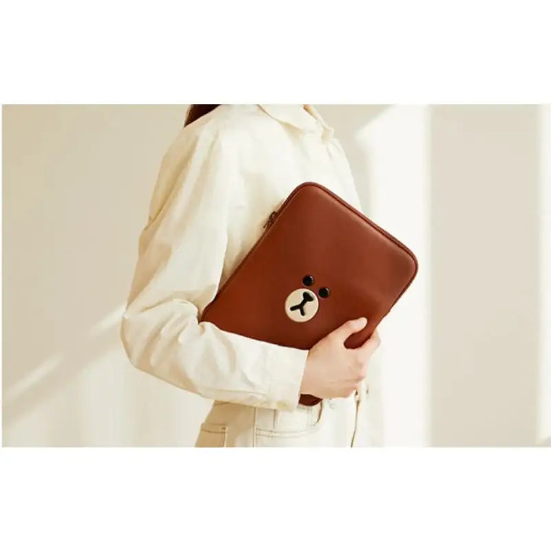 Line Friends - Brown Leather-like Tablet and Laptop Pouch - Line Friends - Pouches - Harumio