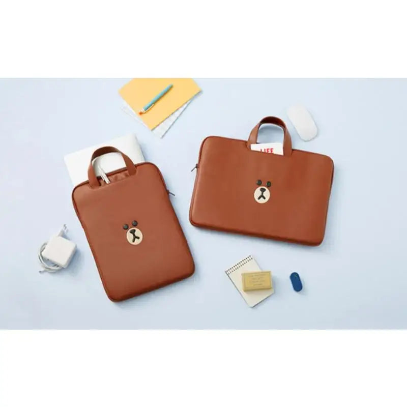 Line Friends - Brown Leather-like Tablet and Laptop Pouch - Line Friends - Pouches - Harumio