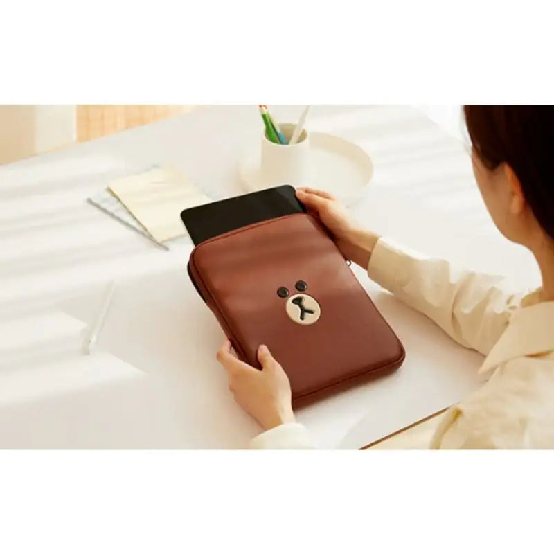 Line Friends - Brown Leather-like Tablet and Laptop Pouch - Line Friends - Pouches - Harumio