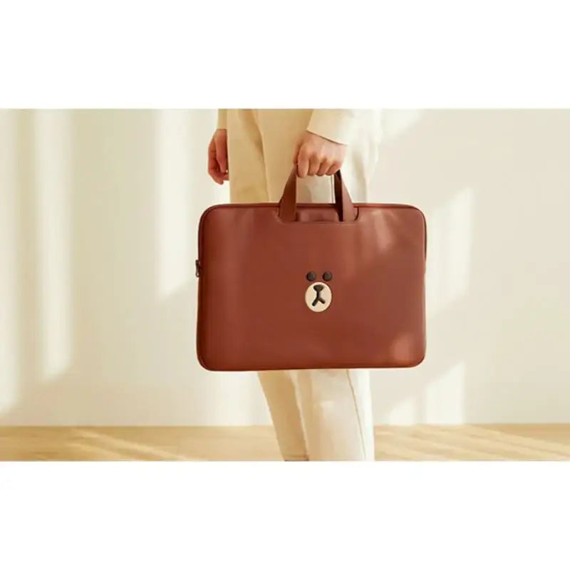 Line Friends - Brown Leather-like Tablet and Laptop Pouch - Line Friends - Pouches - Harumio