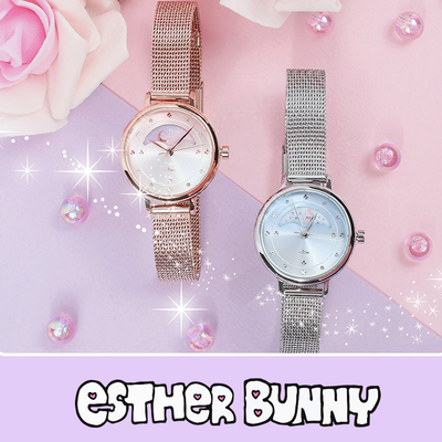 Clue X Esther Bunny - Beautiful Bunny Moon Phase Silver Mesh Watch