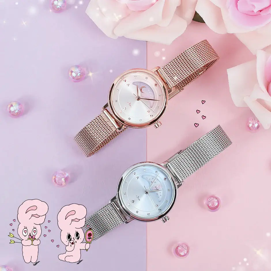 Clue X Esther Bunny - Beautiful Bunny Moon Phase Silver Mesh Watch - CLUE - Accessories - Harumio