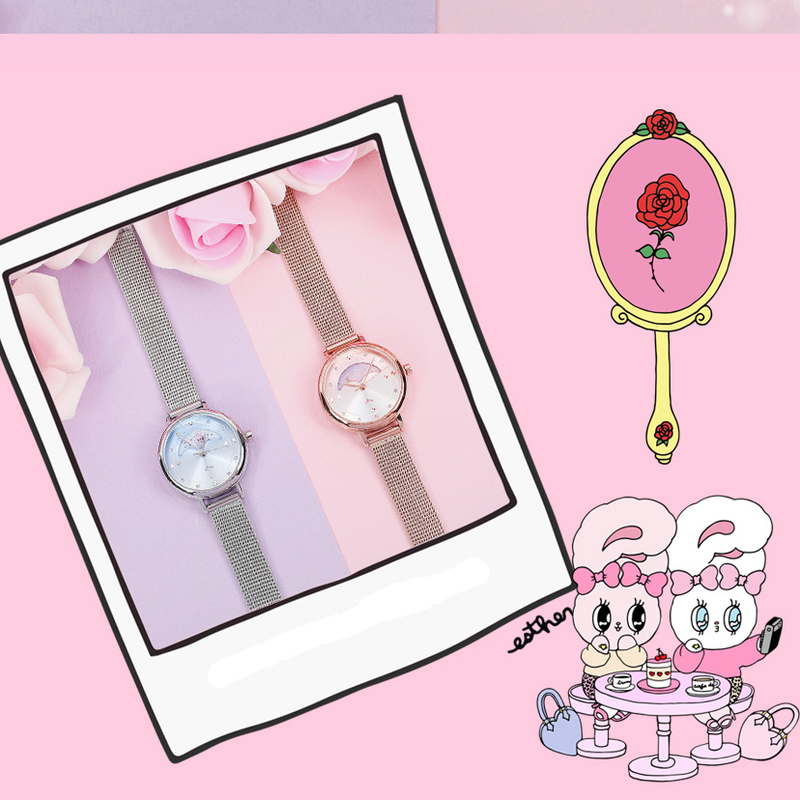 Clue X Esther Bunny - Beautiful Bunny Moon Phase Silver Mesh Watch