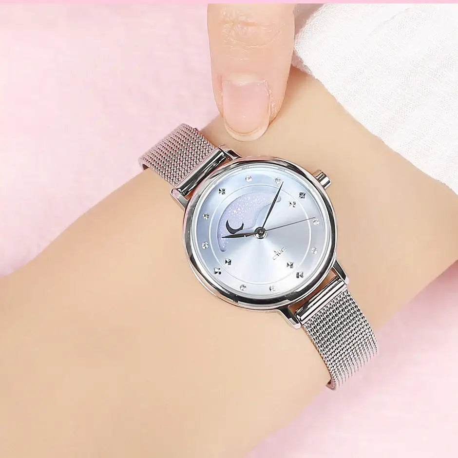 Clue X Esther Bunny - Beautiful Bunny Moon Phase Silver Mesh Watch - CLUE - Accessories - Harumio