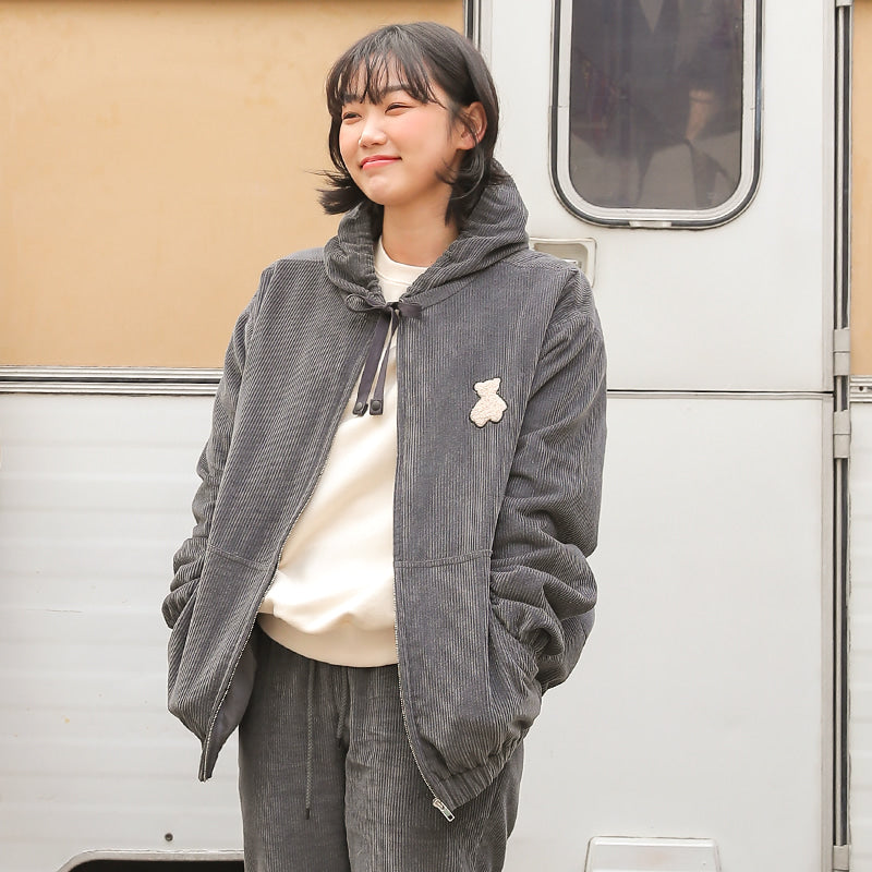 AQO - Bear Logo Corduroy Zip Up Jacket
