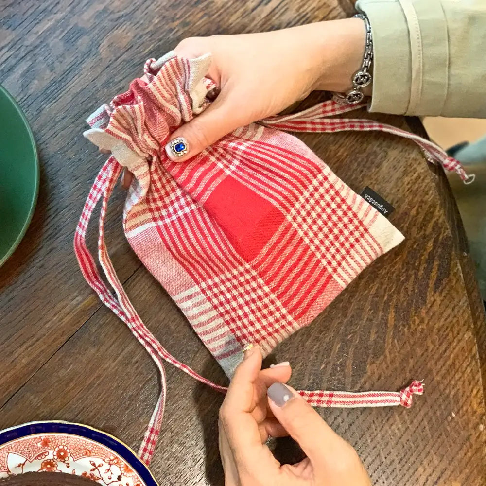 August8th - French Check Linen Bucket Pouch - August8th - Accessories - Harumio