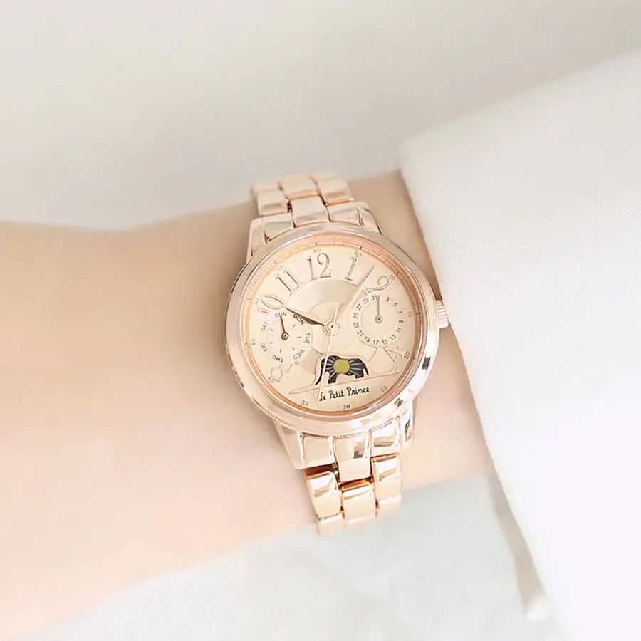 Le Petit Prince x OST - Elephant-Eating Boa Snake Moon Phase Rose Gold Metal Watch - OST - Watches - Harumio