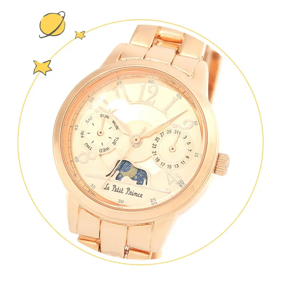 Le Petit Prince x OST - Elephant-Eating Boa Snake Moon Phase Rose Gold Metal Watch - OST - Watches - Harumio